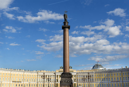 stele with the Archangel on the background of blue sky, Palace square, St. Petersburg
