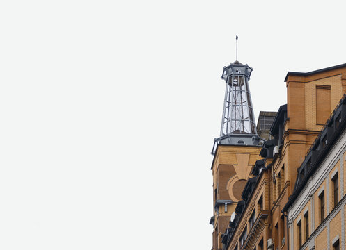 skyscraper with lightning rod isolated on white background.