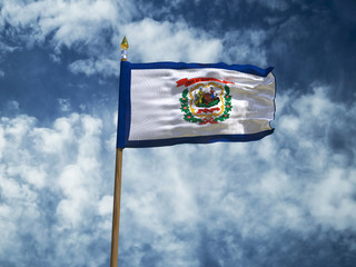 West Virginia flag USA flag Silk waving flag made transparent fabric of West Virginia US state with wooden flagpole gold spear on background blue sky white  clouds real retro photo 3d illustration