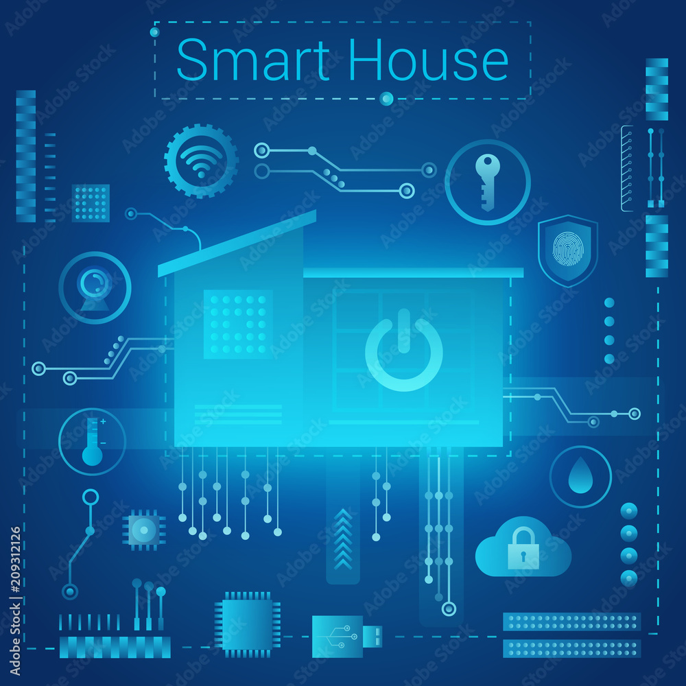 Poster Smart home modern absract light style concept. Smart home in microchip pathways futuristic background. Internet of things IOT technology.