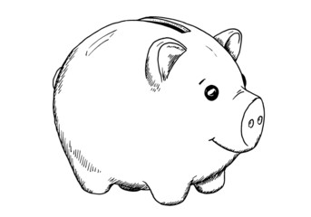 Drawing of piggy bank - hand sketch of animal - money storage, black and white illustration