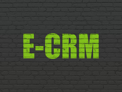 Business concept: Painted green text E-CRM on Black Brick wall background