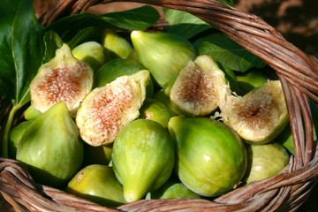 Fresh green figs with green leaves in a wicker basket 