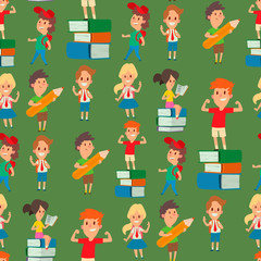 Children studying school kids going study together childhood happy primary education character vector seamless pattern background.