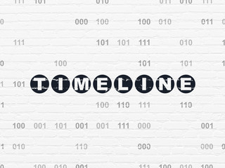 Timeline concept: Painted black text Timeline on White Brick wall background with Binary Code