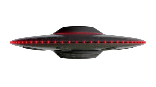 UFO - Flying saucer shape, Red lights around the outside, reflective metal body with realistic shaders, 3D rendered model rotating on an infinite loop over a white background