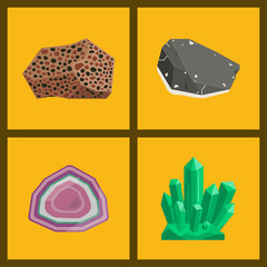 Semi precious gemstones vector stones and mineral stone isolated dice colorful shiny crystalline mineral jewelry illustration.