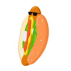 Cool hot dog in sunglasses vector illustration.