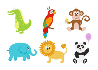Cartoon crocodile, elephant,  panda, lion, parrot,  monkey for baby goods..