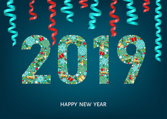 2019 Happy New Year greeting card on blue background.
