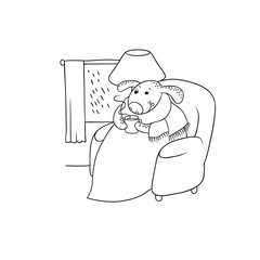 Vector cartoon puppy. Character dog in cloudy rainy weather enjoys hot drink sitting in chair. Illustration black white sketch for design calendar, card.