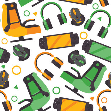 Seamless Pattern With Video Game Accessories Like Gamer Chair, Headphones, Gamepad, Mouse On White Background. Vector Repeat Design For Print And Game Expo