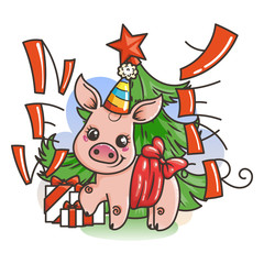 Happy New 2019 Year card with cartoon baby pig. Small symbol of holiday.