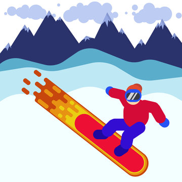 A man on a burning snowboard in the mountains