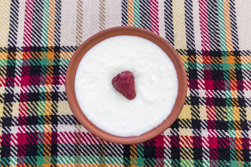 Strawberry in a bowl of yogurt