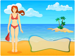 Vector cartoon background - illustration woman on the summer beach  with frame for text