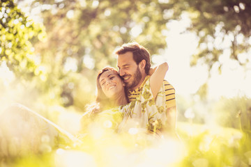 Portrait of middle age couple at nature. Enjoy in spring season.