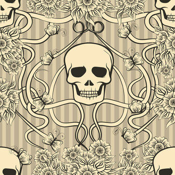 Floral seamless background with skull in art nouveau style, vector illustration