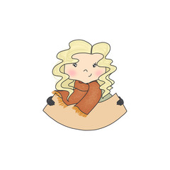 Blonde Hair Girl In The Scarf Isolated On A White Background Hand Drawn Illustration