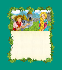 cartoon scene with princess and prince near the castle tower - title page - illustration for children