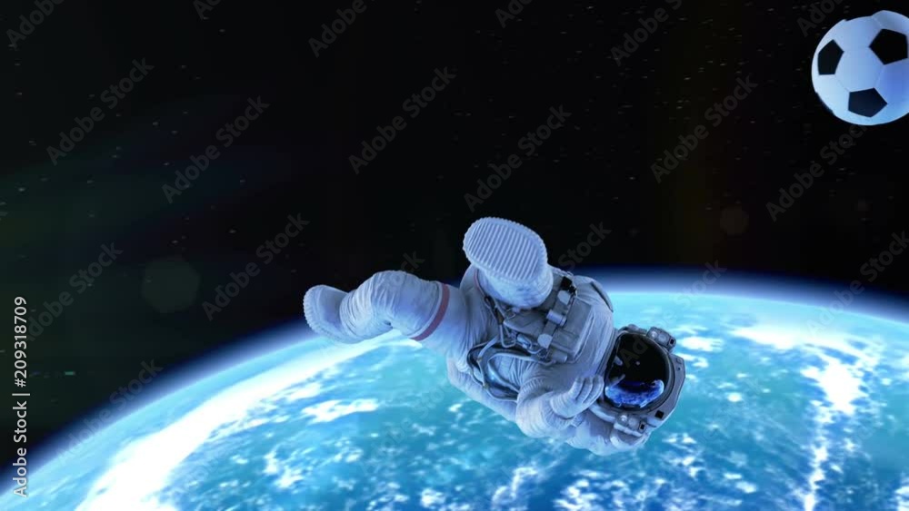 Sticker astronaut performs bicycle kick in outer space. beautiful abstract epic 3d animation. 4k