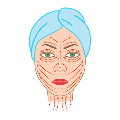 Schematic color representation of facial massage lines.