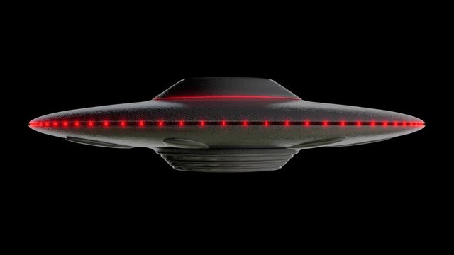 UFO - Flying saucer shape, Red lights around the outside, reflective metal body with realistic shaders, 3D rendered model rotating on an infinite loop over a black background