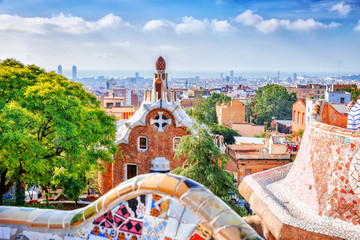 Barcelona, Spain, Park Guell. Fanrastic view of famous bench in Park Guell in Barcelona, famous and...
