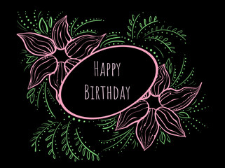 Decor greeting card Happy birthday line flowers on black