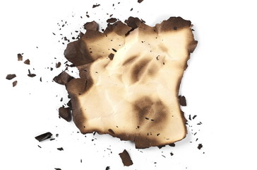 Burned old paper, cardboard isolated on white background, top view