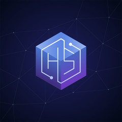 Fototapeta premium Initial letter HS, block chain, looping mono line circuit letter on hexagon cube logo, blue magenta gradient color on black blue network background