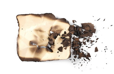 Burned old paper, cardboard isolated on white background, top view