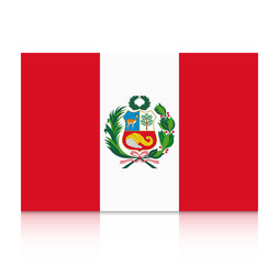 Fototapeta premium Peru flag with coat of arms icon with reflection isolated on white background.