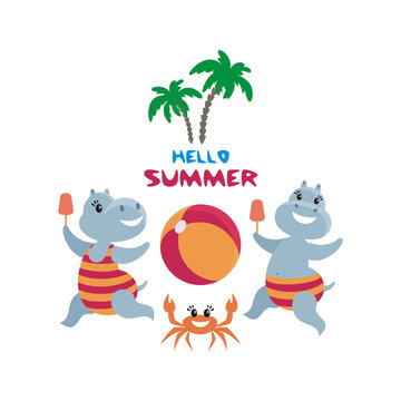 The vector image of the amusing hippopotamuses having a rest on the beach. A children's illustration in cartoon style isolated on a white background.
