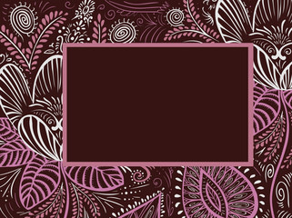 Frame doodle pink and purple flowers and leaves