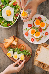 Various ways of cooking chicken eggs. Breakfast with eggs.