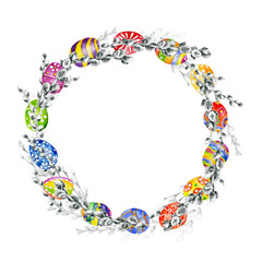 Ritual, traditional, cultural, festive, floral, Easter wreath. Multicolored, chicken egg. Spring verbba. Watercolor. Illustration