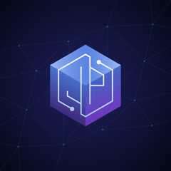 Initial letter JP, block chain, looping mono line circuit letter on hexagon cube logo, blue magenta gradient color on black blue network background