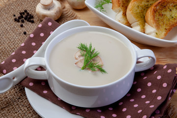 Mushroom cream soup on a table, food