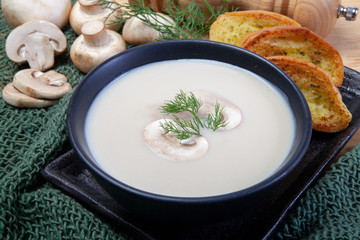 Mushroom cream soup on a table, food