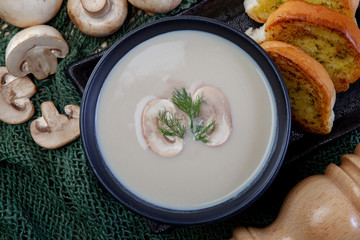Mushroom cream soup on a table, food
