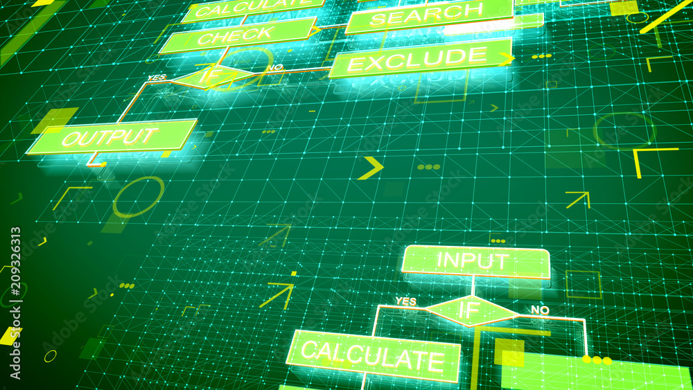 Poster electronic algorithms backdrop with green graphs