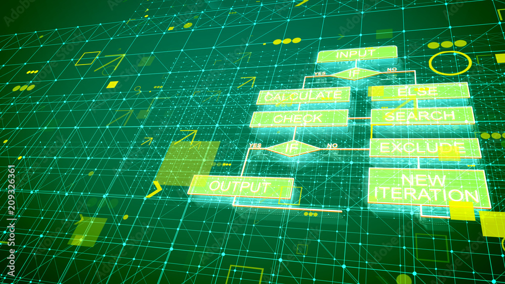 Poster algorithms backdrop with charts put aslant