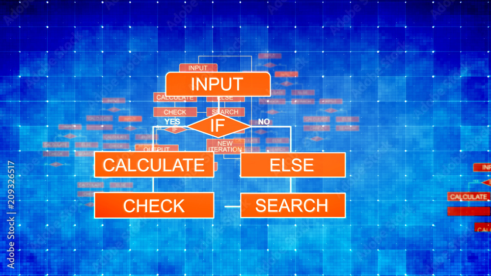 Poster blue algorithms backdrop with red icons