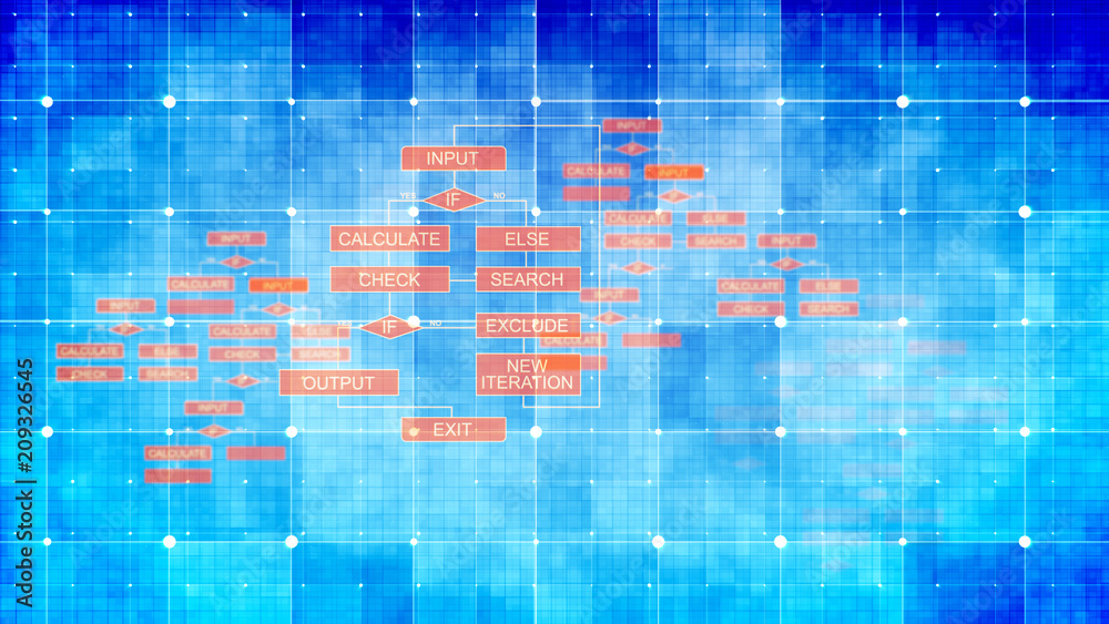 Poster blue algorithms backdrop with red buttons