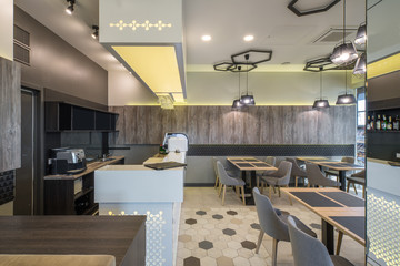 Interior of restaurant. Wooden design. Modern style.