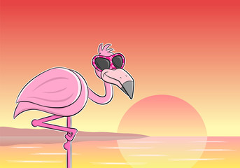 Fototapeta premium Kreskówka flaming z okularami przeciwsłonecznymi przed zachodem słońca