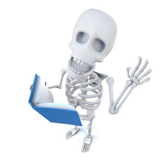 Vector 3d Funny cartoon skeleton character reading a book