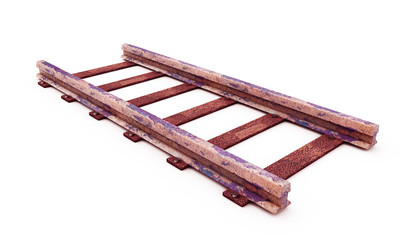 A 3D rendering of a train track disappearing into the distance on an isolated white