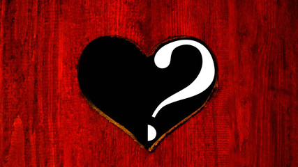 heart carved in a tree with a question texture red background